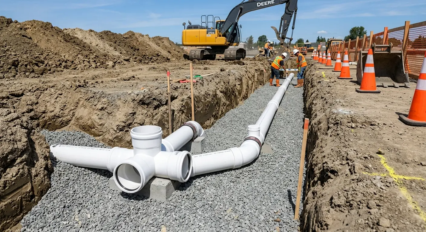 New PVC sewer pipe installation in open trench for Commercial Drain Cleaning in Lower Swatara
