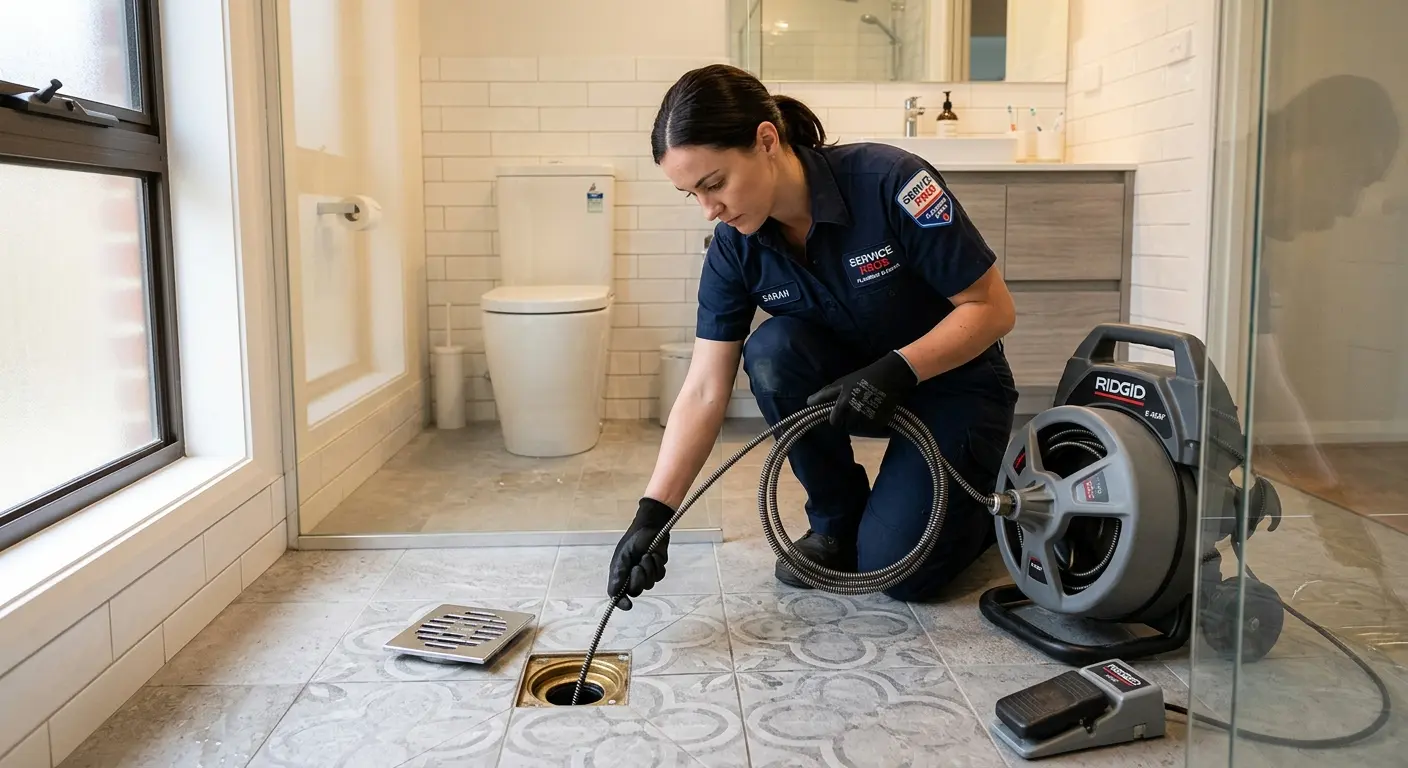 Technician clearing a bathroom floor drain for Clogged Drain Repair in Lower Swatara